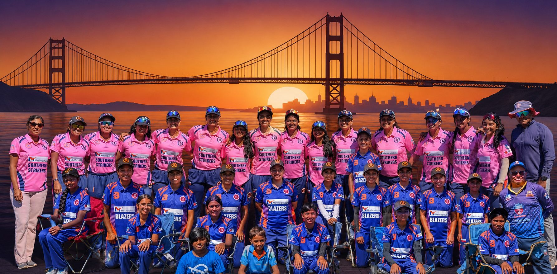 Bayarea Open Cricket teams together in front of the Golden Gate Bridge at sunset